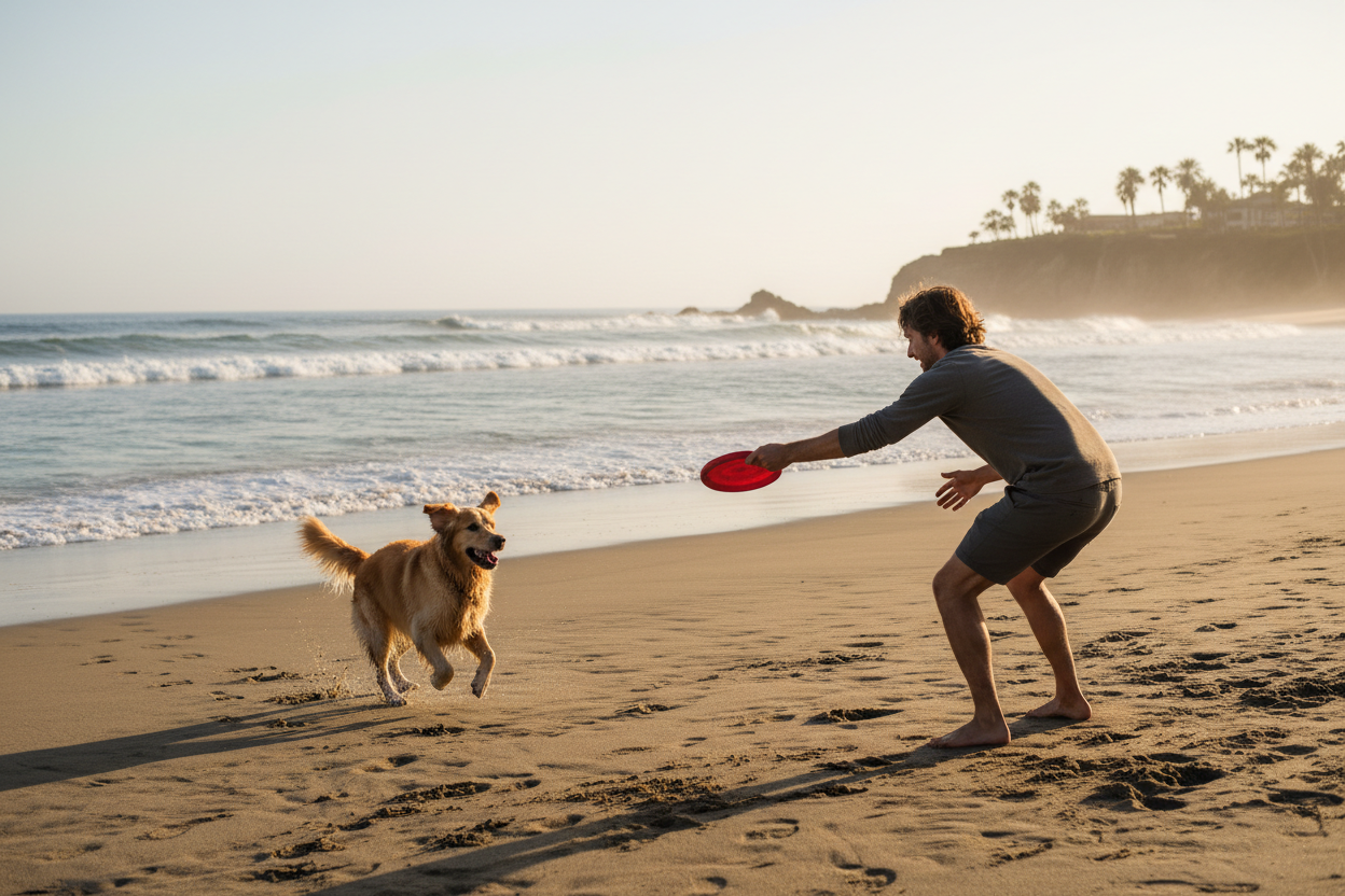 vidéo d'un maitre en train de lancer un jouet à son chien au bord de la mer. Le chien va chercher et le ramène